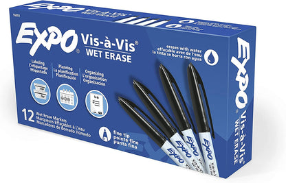 Vis-À-Vis Wet Erase Markers, Fine Point, Black, 12 Count