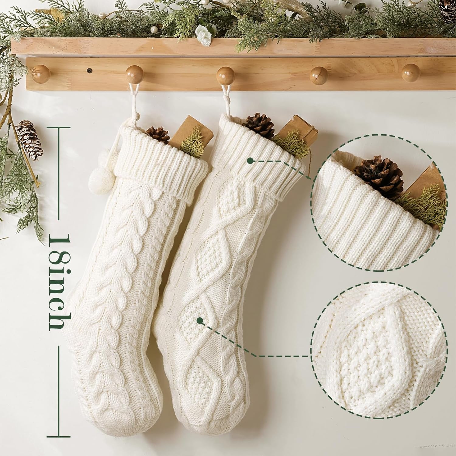 Farmhouse Knitted Christmas Stockings: 5 Pack 18 Inch Rustic Cable Knit Fireplace Stockings, Cozy Hanging Xmas Stockings Boho Style Stocking Decorations for Family Holiday Décor, White Beige