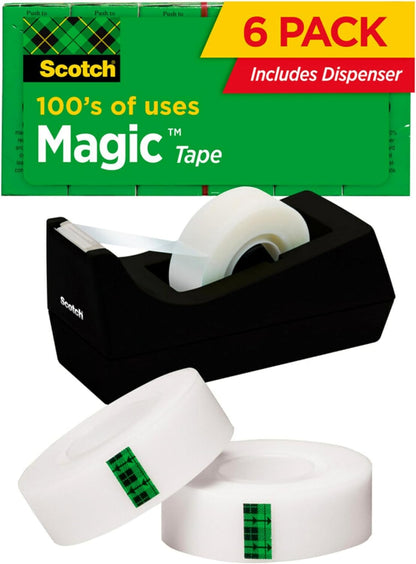 Magic Tape, 6 Rolls with Dispenser, Numerous Applications, Invisible, Engineered for Repairing, 3/4 X 1000 Inches, Boxed (810K6C38)