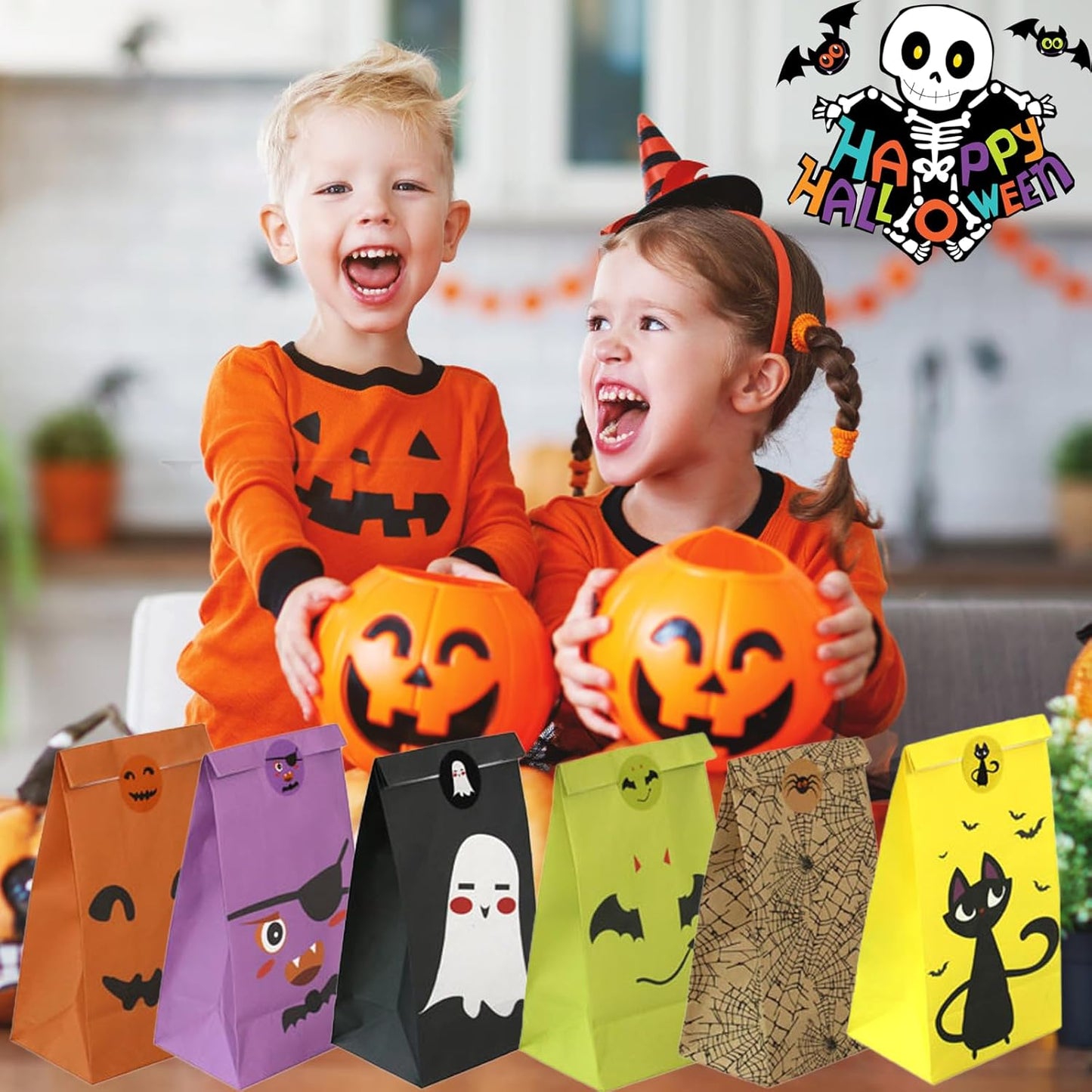 Halloween Candy Bags Party Favors - 24Pcs Halloween Trick or Treat Goody Gags Gift Treat Bags with 24 Pcs Halloween Stickers, Halloween Bags Party Supplies Small Gift Bags for Kids Girls Child Boys