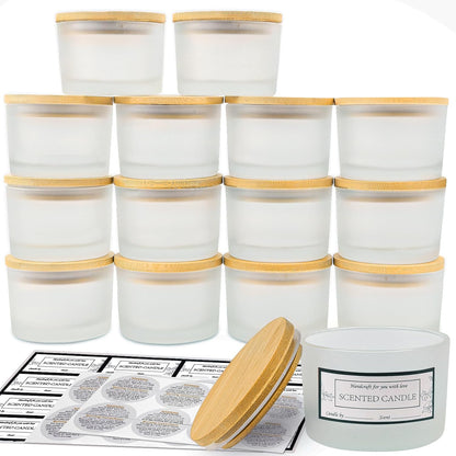 15 Pack 4 OZ Clear Glass Candle Jars with Airtight Bamboo Lids for Making Candles, Bulk Small Wide Mouth Empty Candle Containers with Sticky Warning Labels - Dishwasher Safe