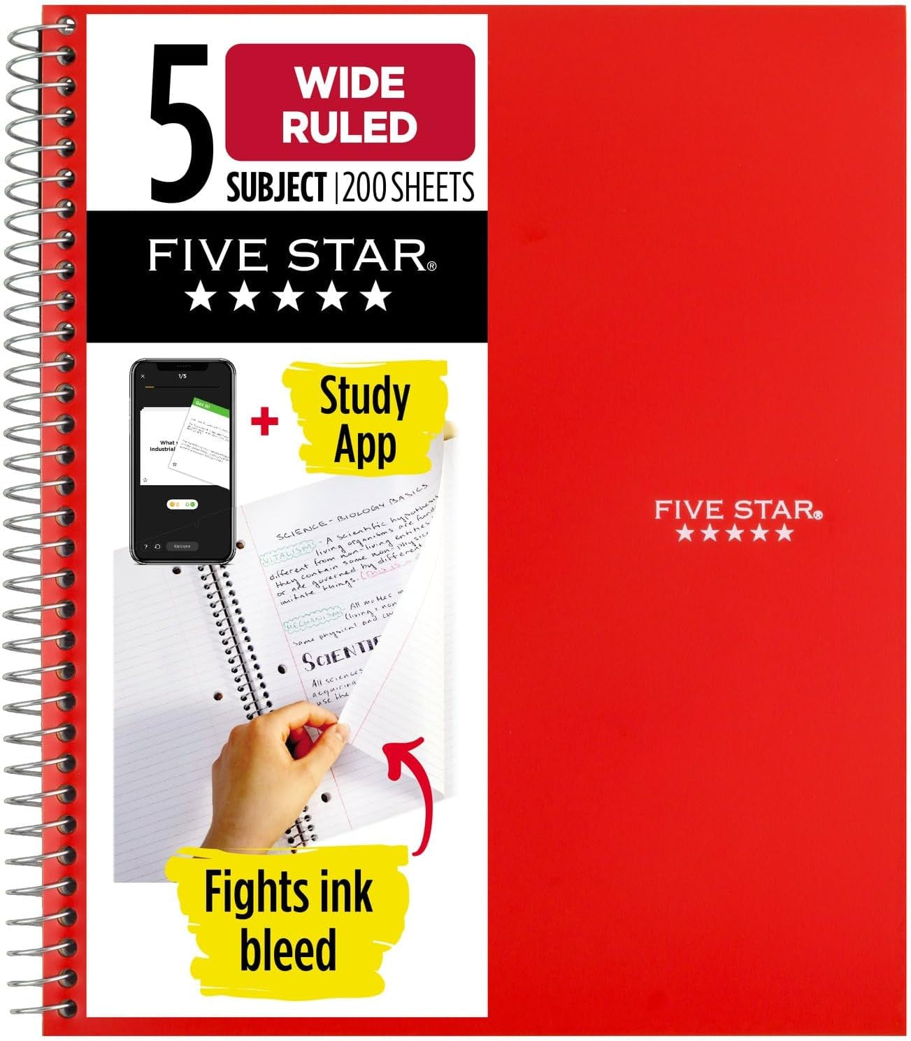 Spiral Notebook, 5 Subject, Wide Ruled Paper, Fights Ink Bleed, Water Resistant Cover, 8" X 10-1/2", 200 Sheets, Black (72045)