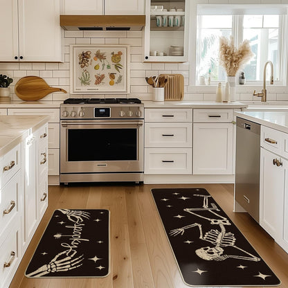 Spooky Skeleton Spider Bone Black Halloween Kitchen Mats Set of 2, Black Home Decor Low-Profile Kitchen Rugs for Floor - 17X29 and 17X47 Inch