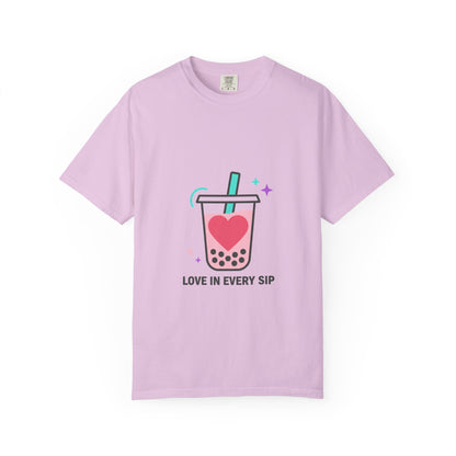 Boba Tea Heart Love Graphic | Garment-Dyed Unisex Tee, Soft Cotton | Valentine & Galentine Gift for Couples & Friends | Y2K Aesthetic