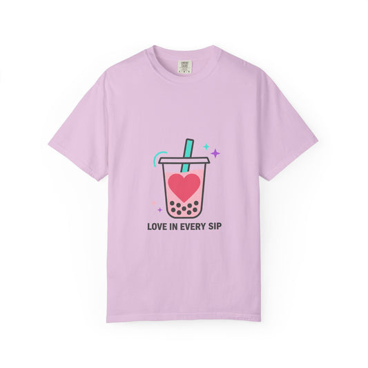 Boba Tea Heart Love Graphic | Garment-Dyed Unisex Tee, Soft Cotton | Valentine & Galentine Gift for Couples & Friends | Y2K Aesthetic