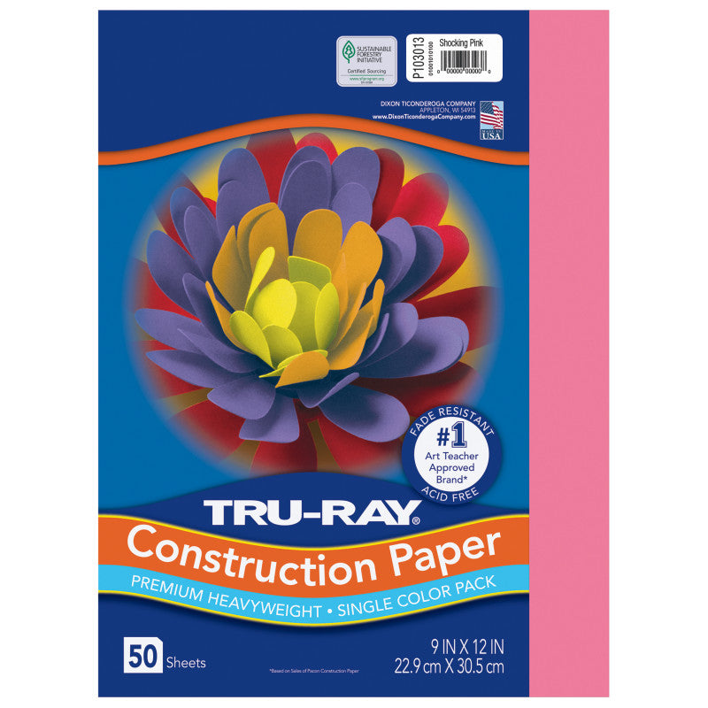 Construction Paper, Heavyweight, Shocking Pink, 9" x 12", 50 Sheets