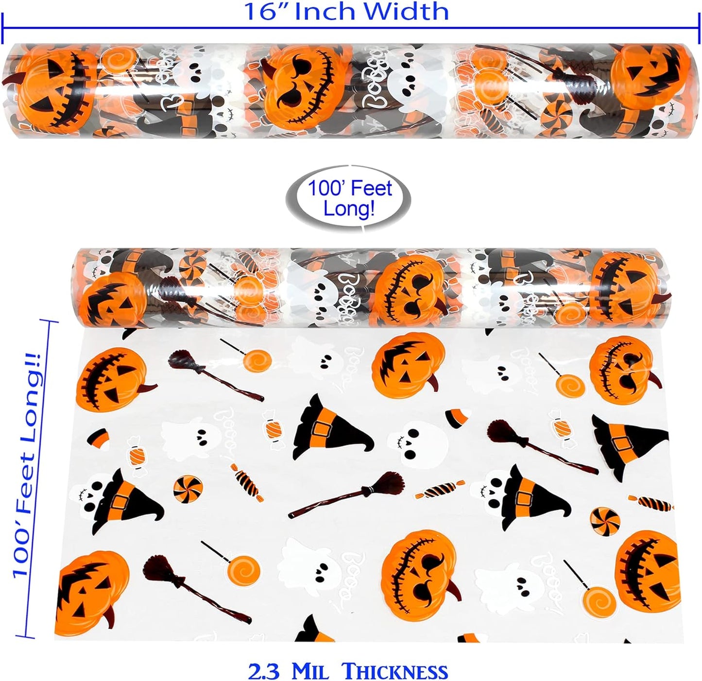 Halloween Cellophane Wrap Roll | 100’ Ft Long X 16” In. Wide | 2.3 Mil Thick, Crystal Clear with Halloween Designs| Gifts, Baskets, Treats Cello Wrapping Paper | Pumpkin, Witches Cello Roll