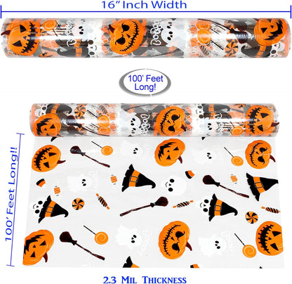 Halloween Cellophane Wrap Roll | 100’ Ft Long X 16” In. Wide | 2.3 Mil Thick, Crystal Clear with Halloween Designs| Gifts, Baskets, Treats Cello Wrapping Paper | Pumpkin, Witches Cello Roll