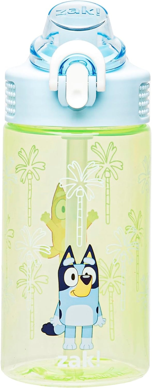 Sage Bluey Kids Water Bottle for School or Travel, 16Oz Durable Plastic Water Bottle with Straw, Handle, and Leak-Proof, Pop-Up Spout Cover (Bluey & Bingo)