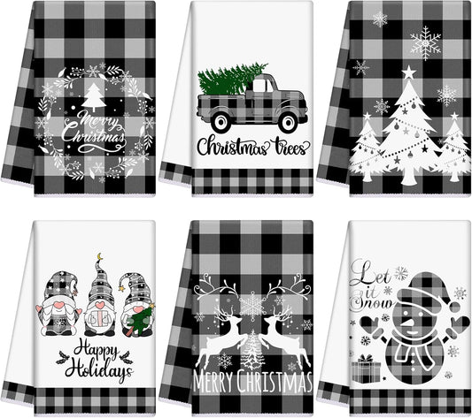 6 Pcs Christmas Kitchen Towels Buffalo Check Plaid Dish Towels Winter Truck Hand Towels Farmhouse Tea Towels Housewarming Gifts Christmas Decoration for Kitchen Holiday Xmas (Black, White)