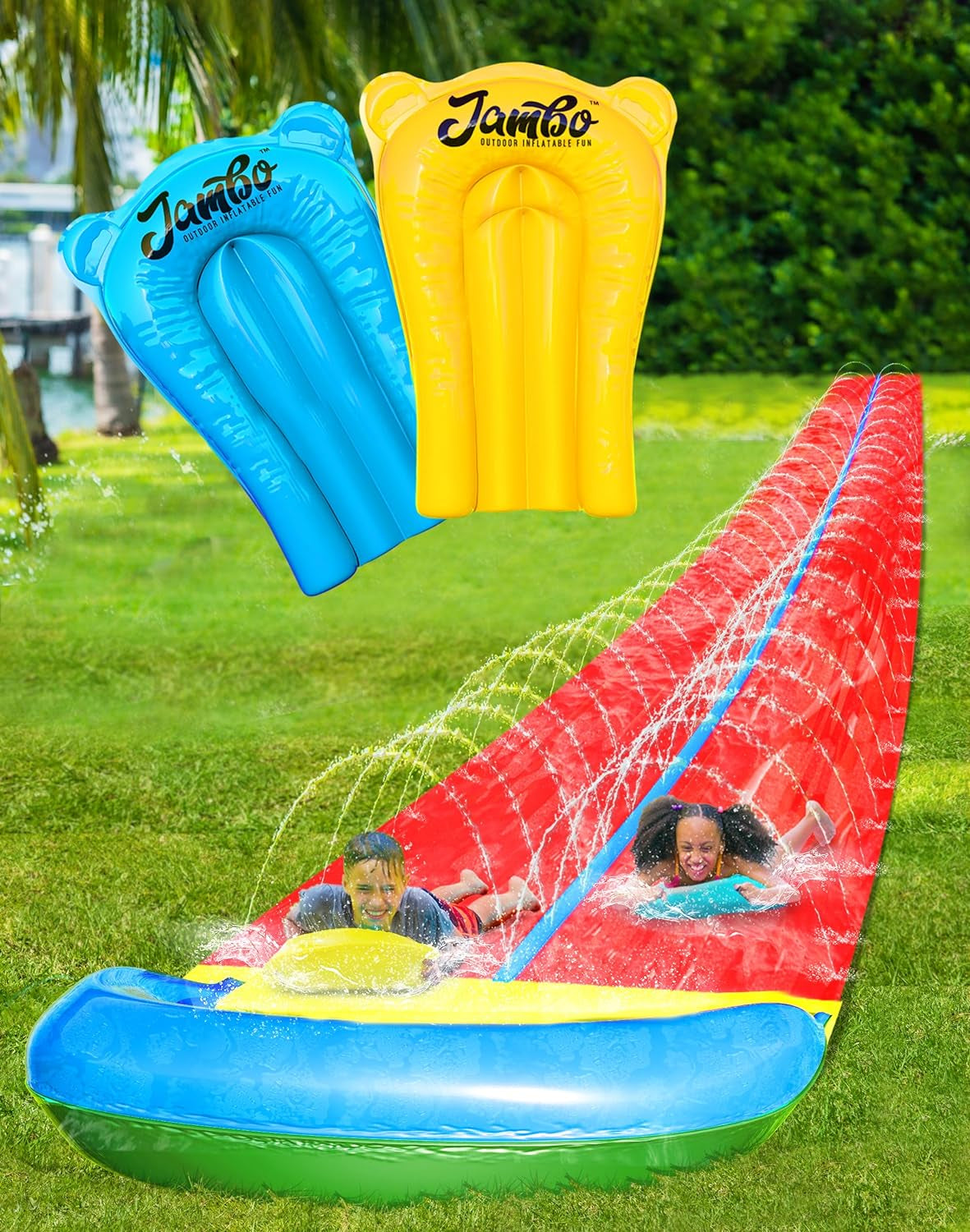 24 FT XL Slip Splash and Slide with Inflatable Crash Pad (Double Lane,24 FT XL Slide), Heavy Duty Water Slide Splash 24 FT Mat Outdoor Water Sprinkler…