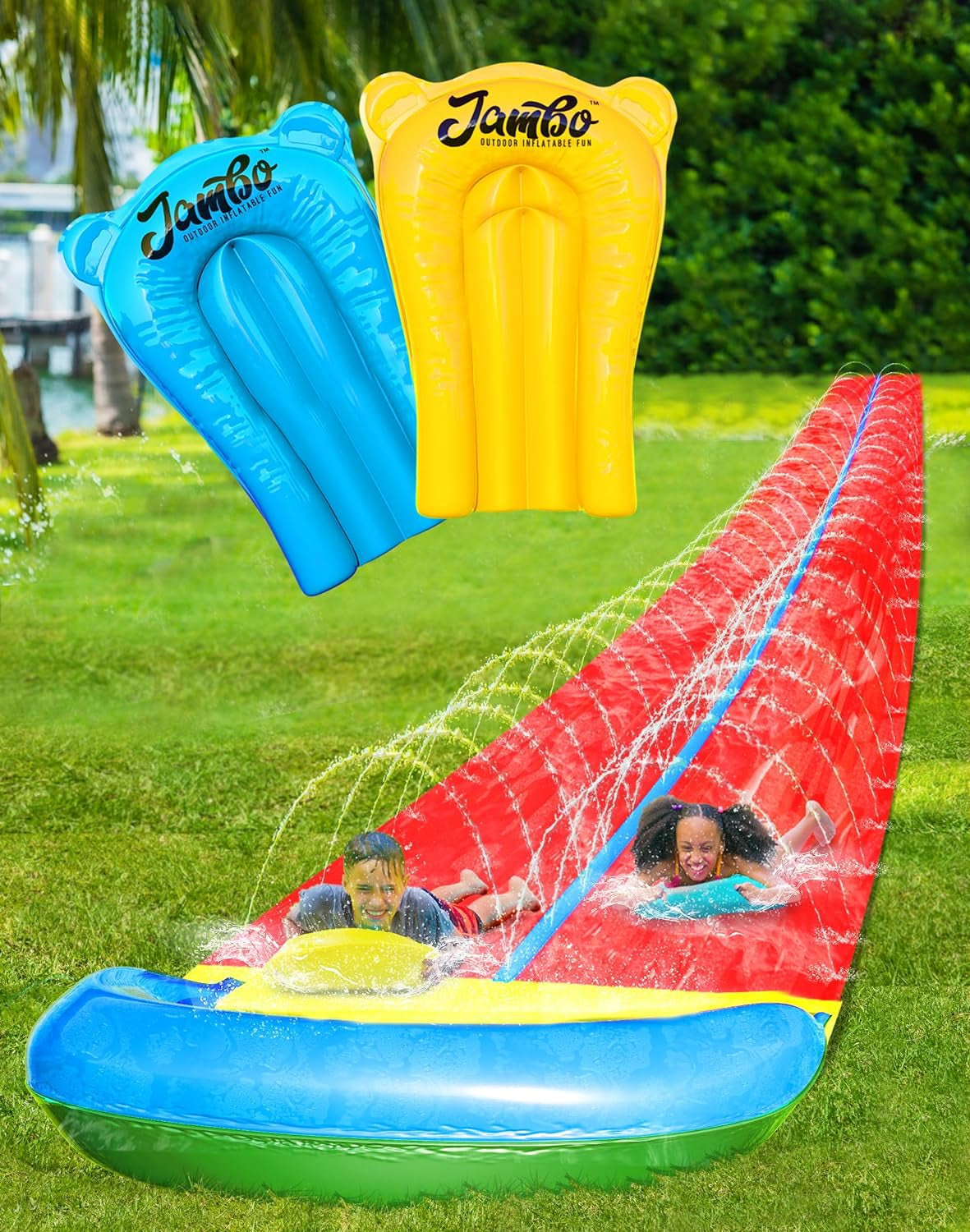 40 Ft 3XL Slip Splash and Slide with Inflatable Crash Pad (Double Lane, 40Ft 3XL Mega Slide), Heavy Duty Water Slide Splash Mat Outdoor Water Sprinkler