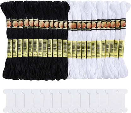 24 Skeins Friendship Bracelets Floss, Black and White Embroidery Cross Stitch Threads Cotton, Embroidery Floss with 12 Pieces Floss Bobbins for Halloween Knitting, Cross Stitch Project