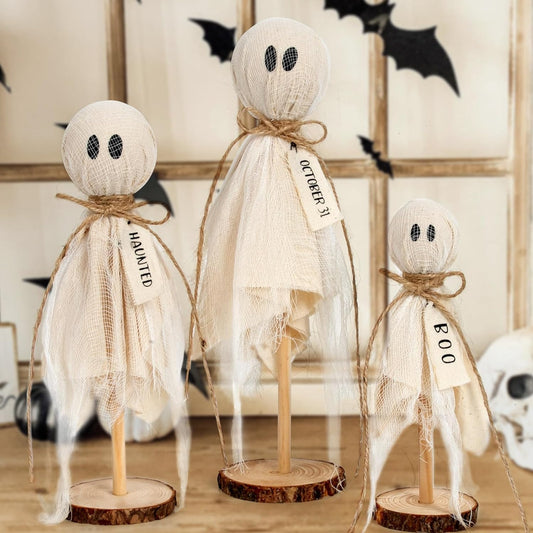 Halloween Decorations Indoor - Primitive Halloween Ghosts on Wooden Stand for Table Centerpieces, Shelves, and Mantels - Spooky Halloween Decor