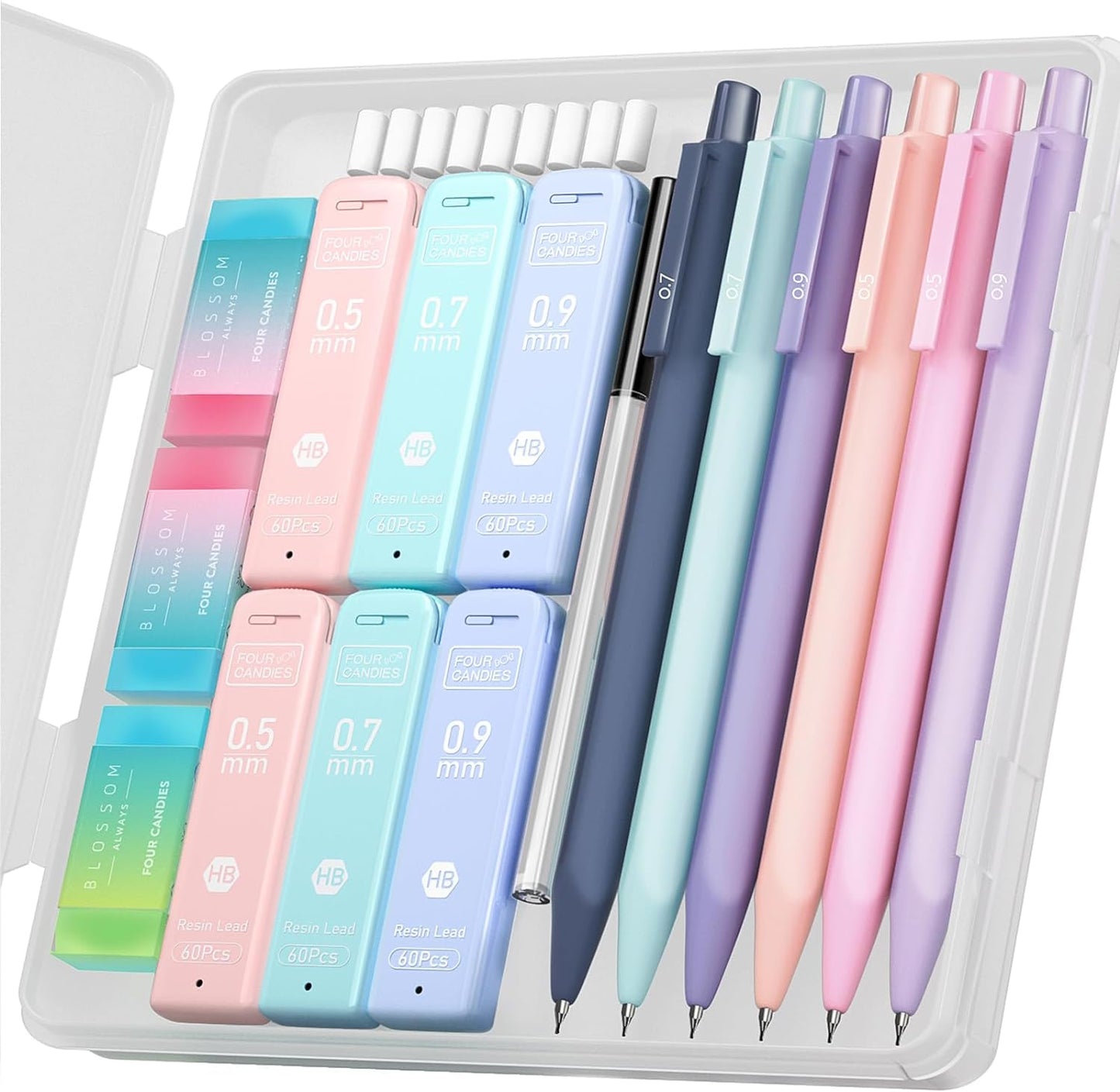 Cute Mechanical Pencil Set, 6PCS Pastel Mechanical Pencils 0.5 & 0.7Mm with 360PCS HB Pencil Leads, 3PCS Erasers and 9PCS Eraser Refills, Aesthetic Mechanical Pencils for Girls Writing