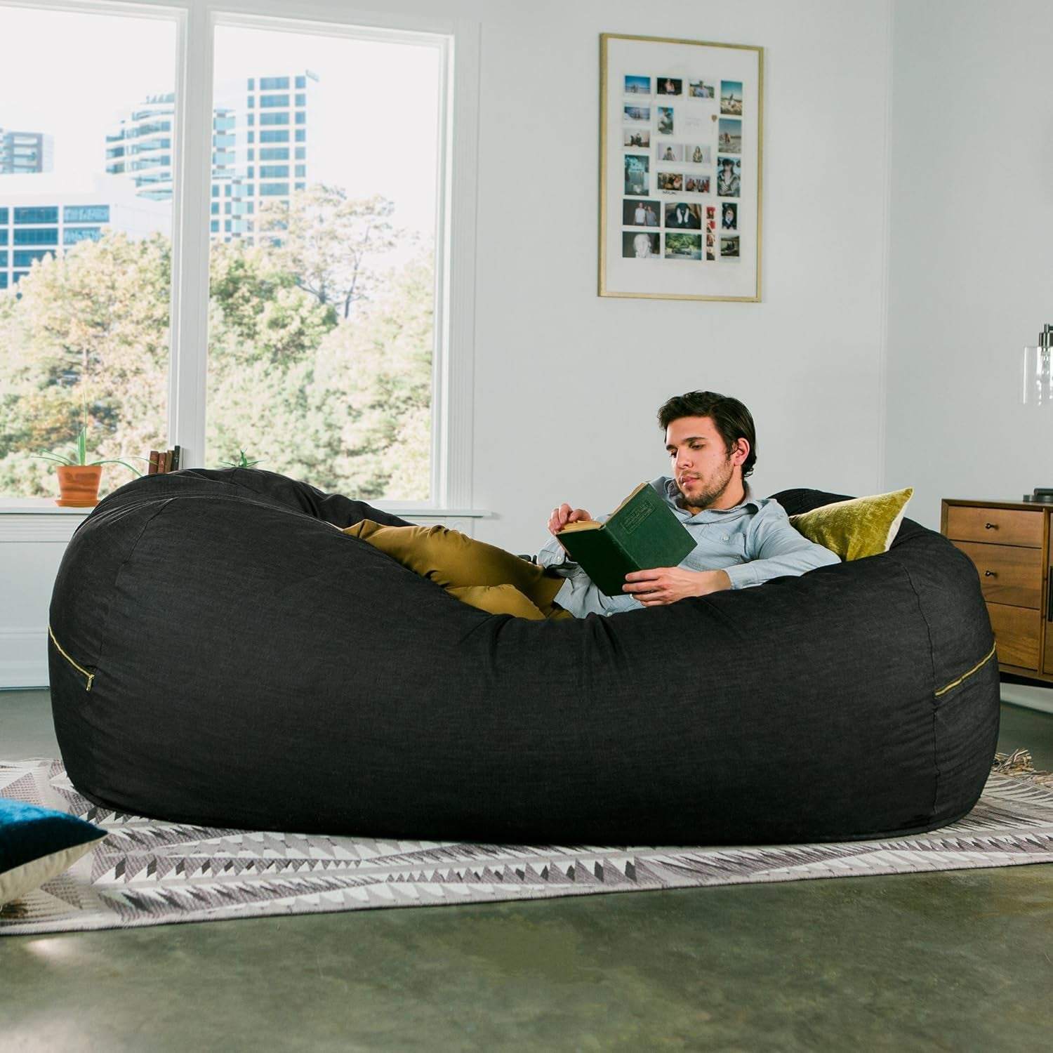 7 Ft Giant Bean Bag Sofa, Black Denim