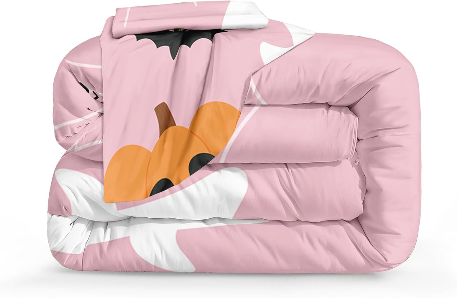 Pumpkin Ghost Comforter Set Girls Pink Halloween Bedding Set Orange Pumpkin White Ghost Bat Spider Cute Cartoon Bedding Kids Teens Happy Halloween Bed Set King Size