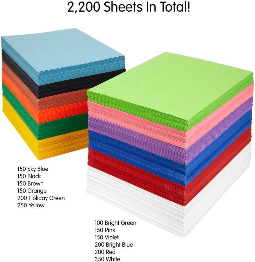 Construction Paper, Classroom Art Supplies, 9" X 12" Craft Paper 2200 Sheet Pack, Heavyweight Construction Paper, Bulk Packs, Assorted Colors, Drawing, Coloring, Painting, School Supplies