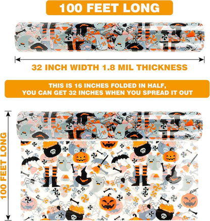 100 Ft X 32 in Halloween Cellophane Wrap Roll 2.3 Mil Thick Halloween Cellophane Bags Crystal Clear with Special Pumpkin Ghost Spider Wrap Cellophane for Halloween Wrapping Gifts