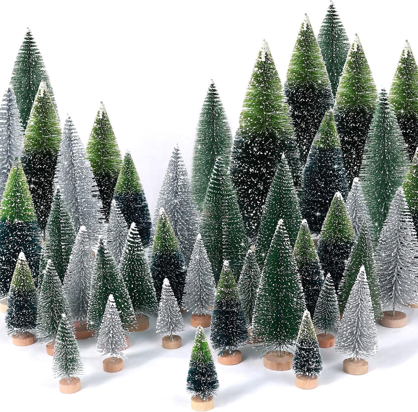 30Pcs Mini Christmas Trees Artificial Christmas Tree Bottle Brush Trees with Wooden Base for Christmas Decor Christmas Party Home Table Craft Decorations(Dark Green+Silver)