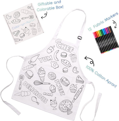 Color-An-Apron Kit - Interactive Coloring Kit with Favorite Foods & Words plus 12 Fabric Markers for Kids - Fun & Educational Craft for Young Chefs 4-10 Years Old