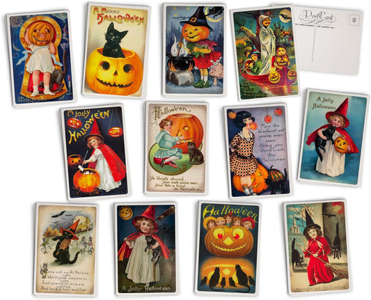 Antique Children'S Halloween Post Cards - 24 Vintage Halloween Postcards - 12 Assorted Retro Illustration Cards Printed on Vintage Textured Style Cardstock