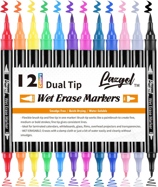 Wet Erase Markers Dual Tip,  12 Assorted Colors, Dual Tip Brush & Fine Overhead Transparency Smudge Free Markers for Dry Erase Whiteboard, Refrigerator Calendars, Glass, Films and Any Kind Of