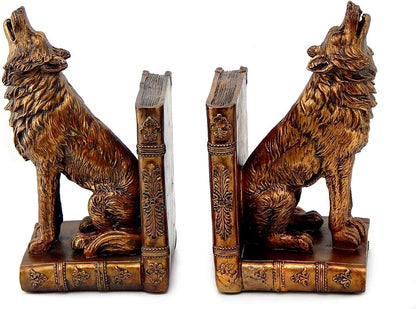 26362 Decorative Bookends Howling Wolf Animal Cabin Farmhouse Vintage Bookshelf Home Decor Tabletop Shelves Nonskid Heavy Book Stoppers 9 Inch