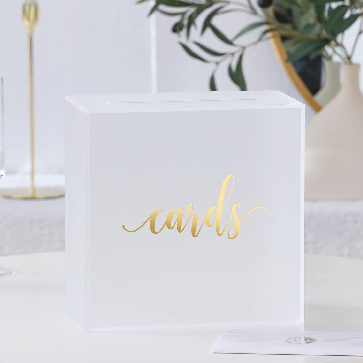 Frosted Acrylic Wedding Card Box with Slot, Large 10X10X5.5 Inch W/Gold Foil | Wedding Receptions Wishing Well Money Box, Birthdays, Memory Box