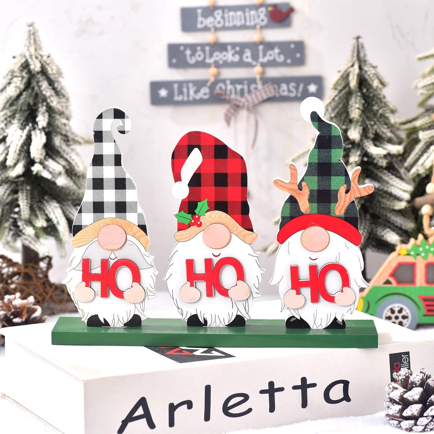 Christmas Decoration for Home, Rustic Wooden Merry Christmas Sign with Ho Ho Ho Gnomes, Tabletop Xmas Holiday Décor for Living Room, Dining Table, Mantel, Tiered Tray (HOHOHO)