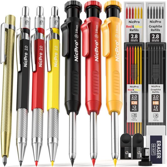 16 Pack Mechanical Carpenter Pencil Set with 42 Refill & Carbide Scribe Tool, Construction Pencils Heavy Duty Woodworking Pencils for Architect