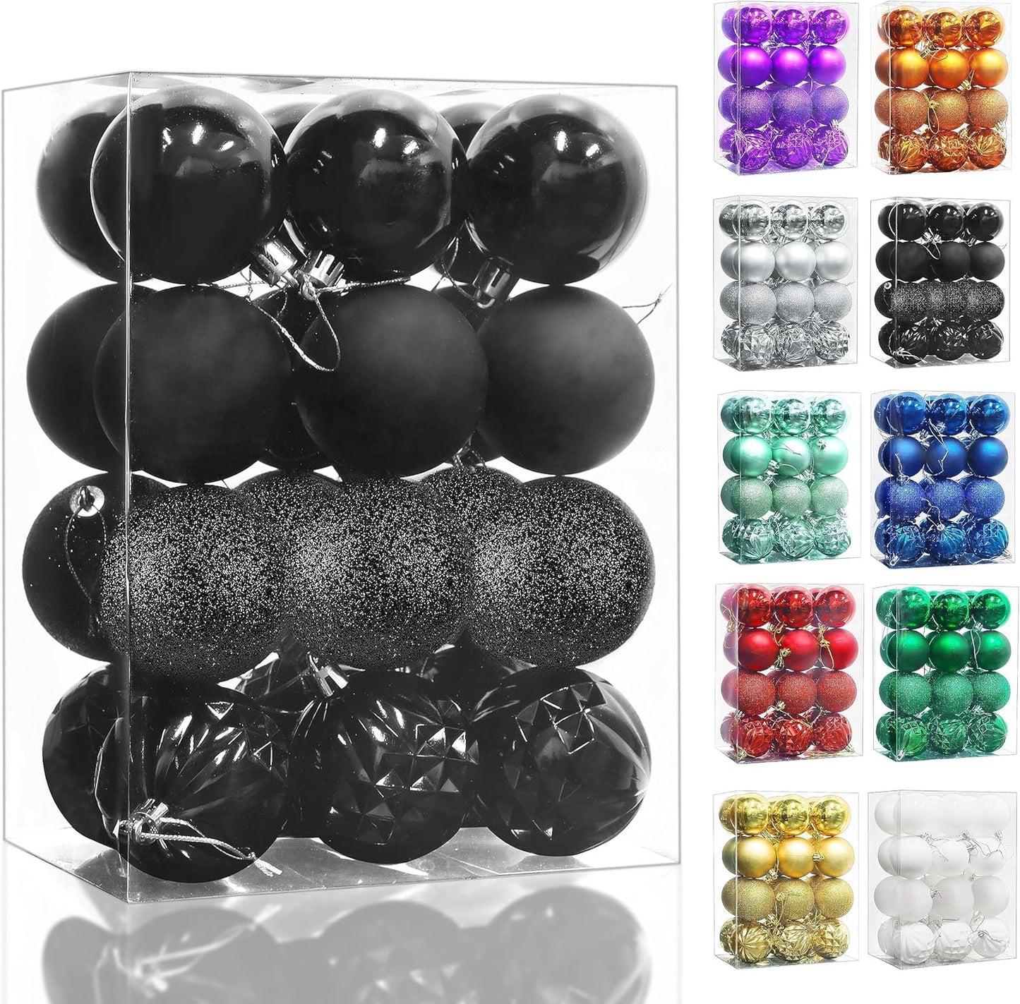 Christmas Ball Ornaments, 24 Ct Pre-Strung Xmas Tree Decorations, Holiday Hanging Balls Black 2.36"