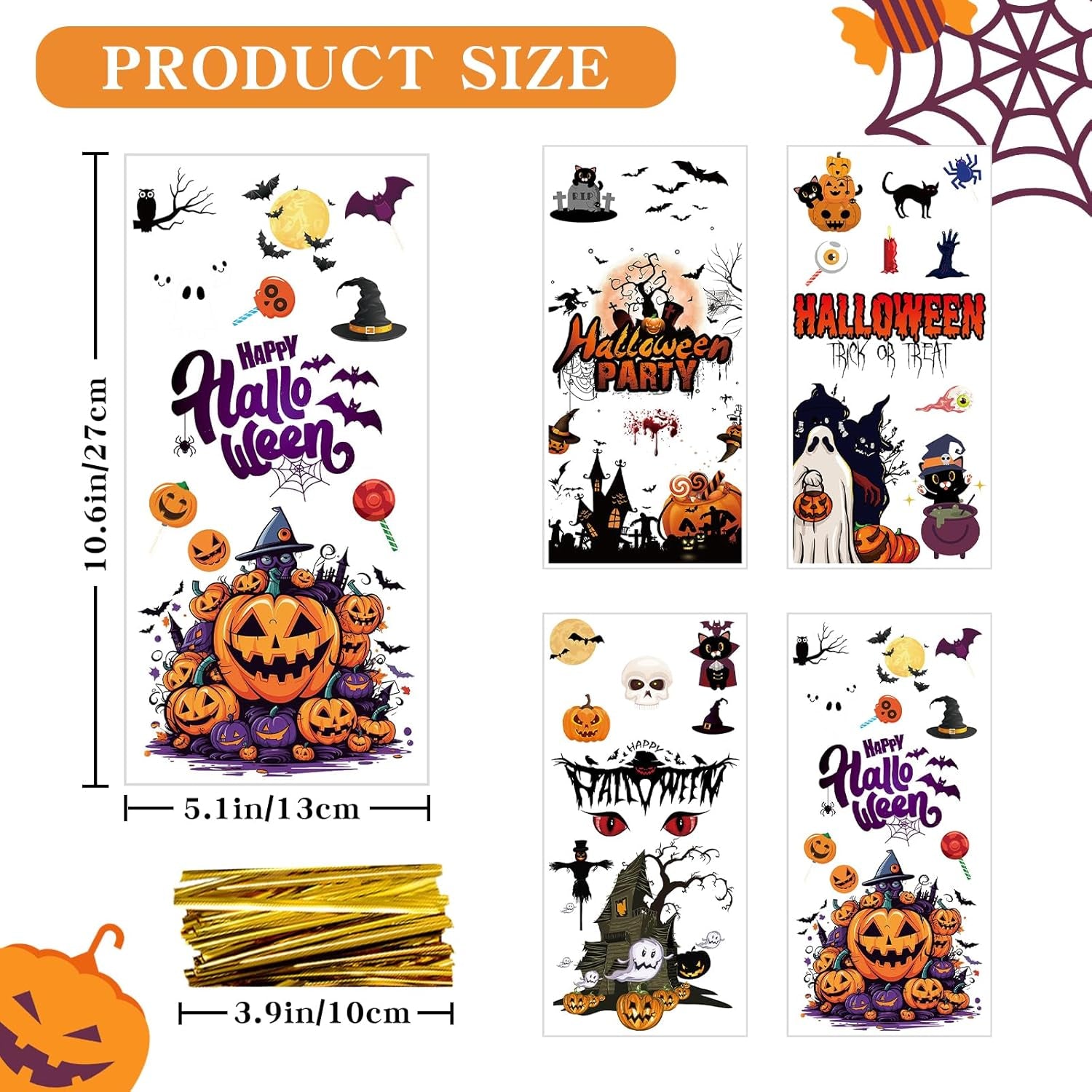 Halloween Cellophane Treat Bags, 180Pcs Halloween Trick or Treat Goody Gags with 200Pcs Twists for Snacks Cookies Packing, Halloween Goodie Bags Party Supplies