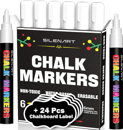 Liquid Chalk Markers - 8 Color, 24 Labels, Reversible Tips - Dry & Wet Erase Chalkboad Markers for Blackboard Fisrt Day of School Board Window Car Glass Chalk Marker Chalk Pens