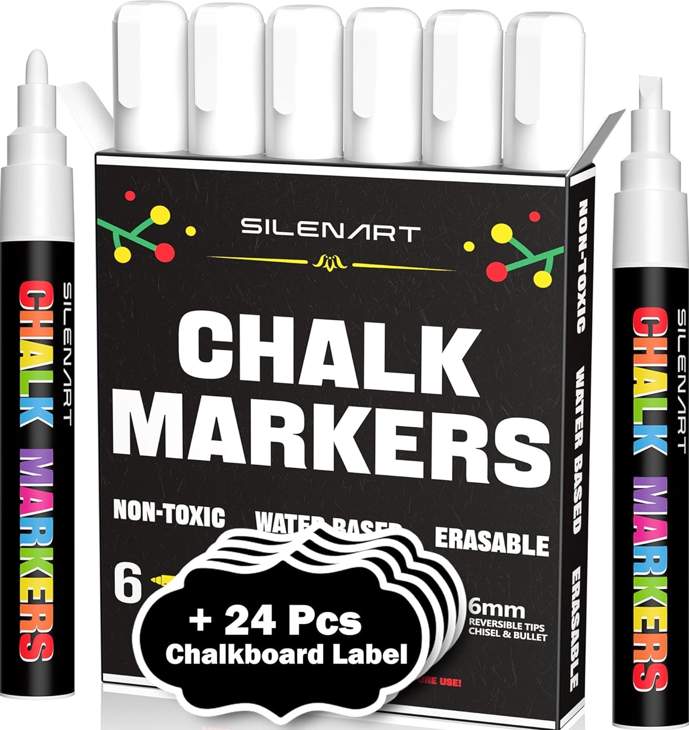 White Chalk Markers - 6 Pack Liquid Chalk Pen - Chalkboard Markers - Chalk Marker for Blackboard, Signs, Windows, Glass - 3-6Mm Chisel Tip, 3Mm Fine Tip