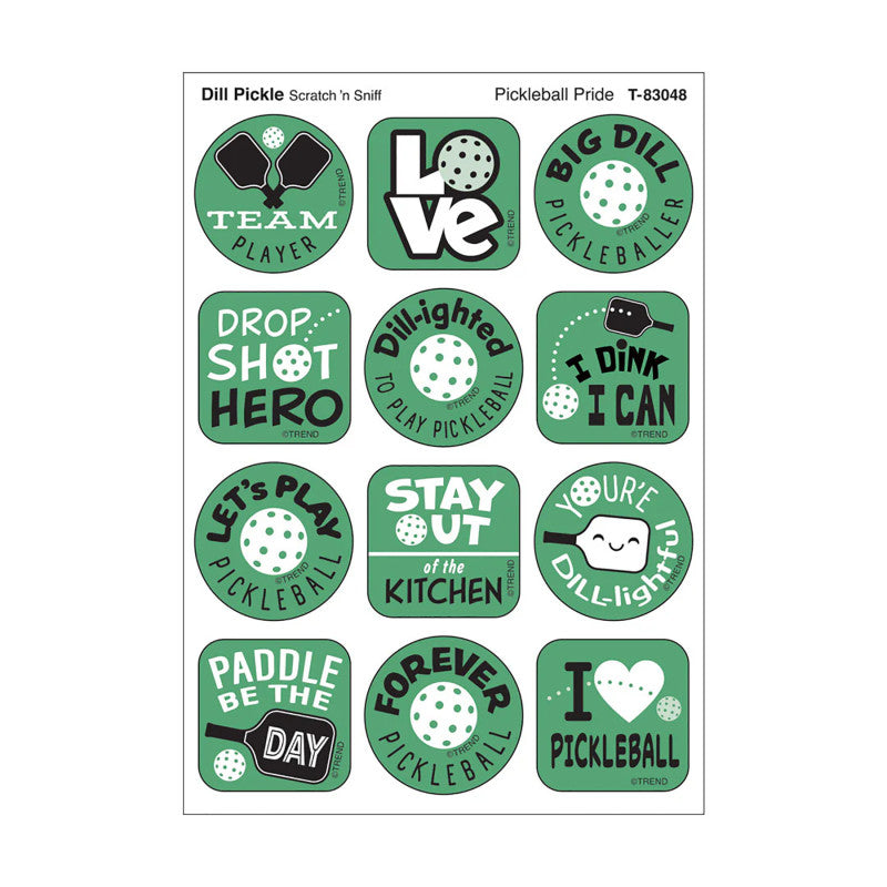 Pickleball DILL-ight, Dill Pickle Scent Scratch 'n Sniff Stinky Stickers®, Pack of 48