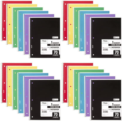Spiral Notebook, 24 Pack, 1-Subject, Wide Ruled Paper, 7-1/2" X 10-1/2", 70 Sheets per Notebook, Color Will Vary (05510)