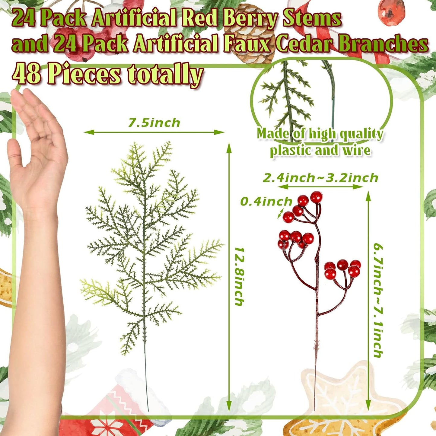 48 Pcs Christmas Artificial Pine Branches with Red Berry Stems Christmas Pine Needles for DIY Fake Greenery Christmas Garland Wreath Xmas Embellishing Flower Arrangements Decoration