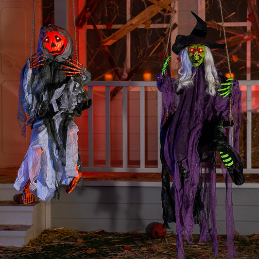 Outdoor Halloween Decorations 2 Packs Hanging Ghosts Halloween Decor with Lighted up Eyes, 3.9Ft Witch Decor and 3Ft Pumpkin Face Ghost Decorations outside for Yard Patio Lawn Garden Party Décor