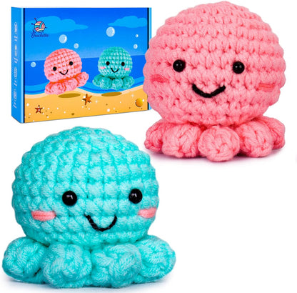 Crochet Kit for Beginners, Amigurumi Crocheting Animals Kits W Step-By-Step Video Tutorials, Knitting Starter Pack for Adults and Kids, Jumbo 2 Octopus Familly (40%+ Yarn Content)