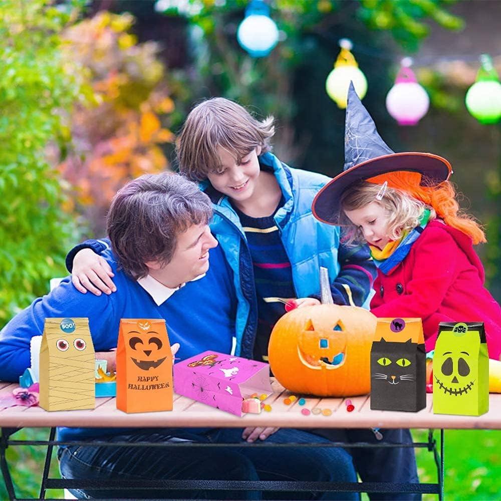 Halloween Treats Bags Party Favors 80 Pcs Kids Halloween Candy Bags for Trick or Treating + 84 Pcs Halloween Stickers, Mini Paper Gift Bags for Treats Snacks, Halloween Goodie Bags Party Supplies