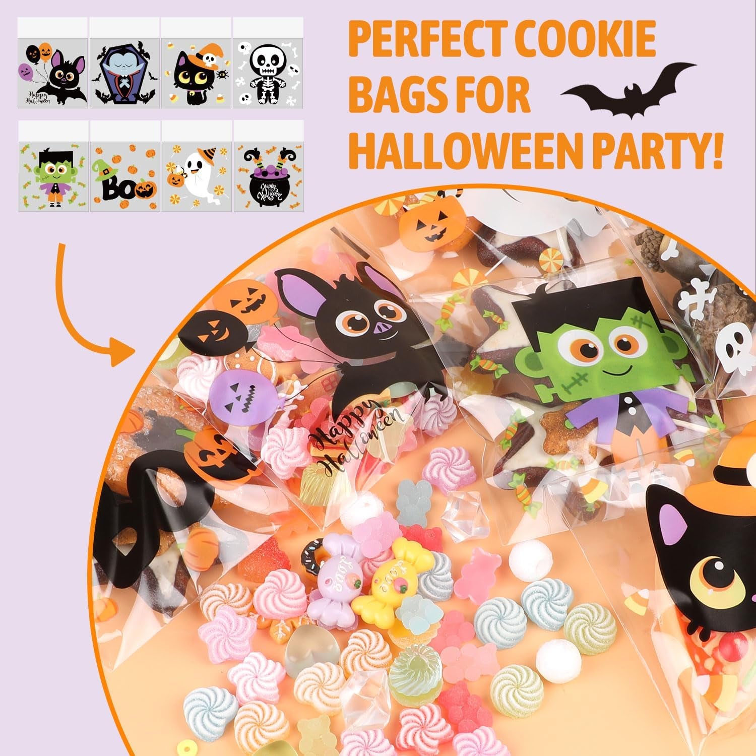 200Pcs Halloween Candy Bags,Self-Adhesive Cellophane Treat Bags 8 Styles Cute for Kids Gift Packing Party Favor Supplies