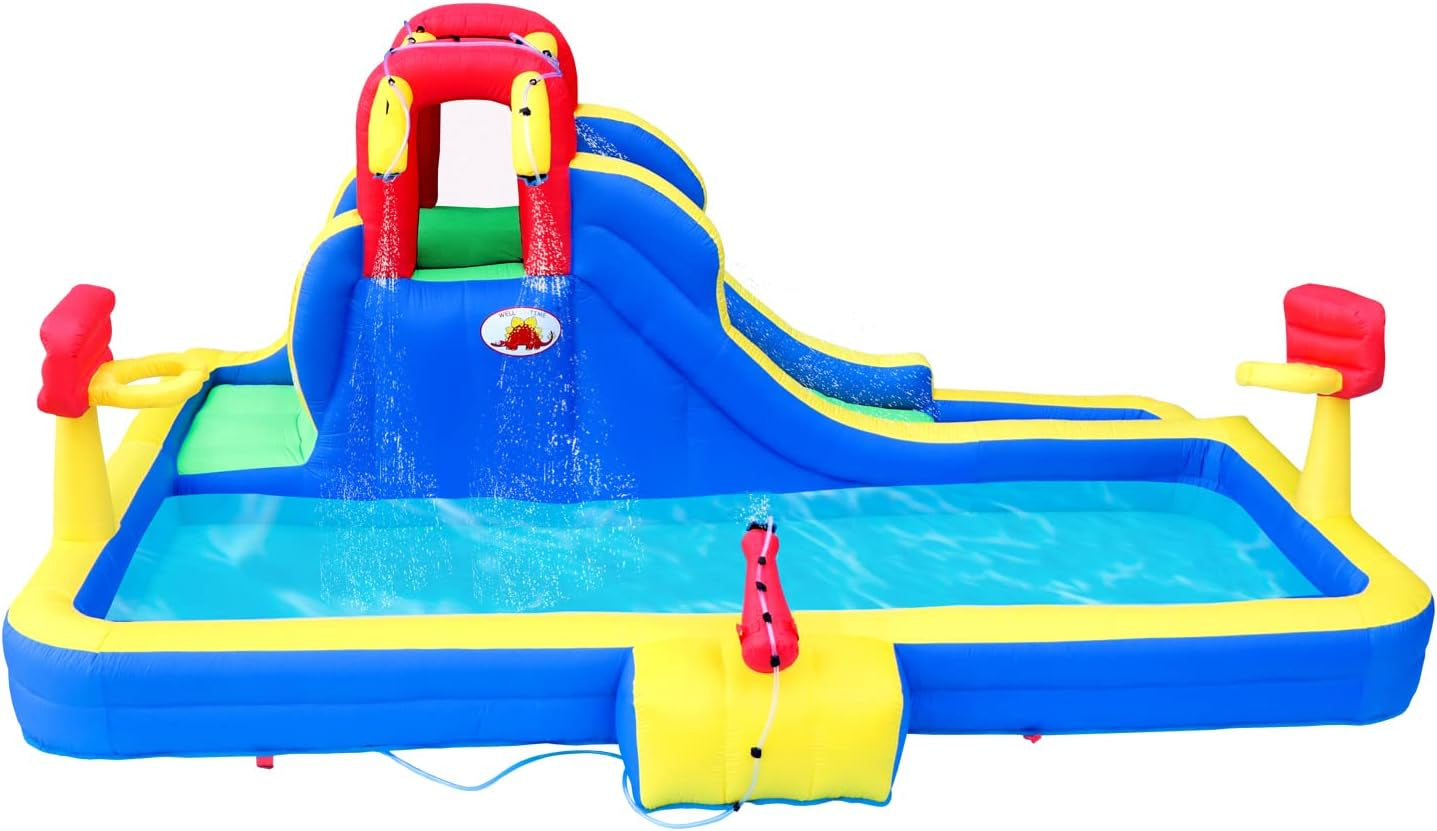 Inflatable Water Park with Blower, Slide with Water Cannon and Double Basketball Rings