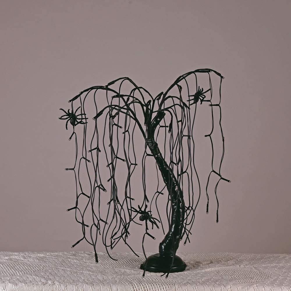 24Inch Halloween Lighted Willow Tree Bonsai Light 80 Purple LED Lights Table Top Lamp Artificial Tree Desk Decor with 4 Spiders Adapter Plug In/Battery Powered for Christmas Nativity Decoration