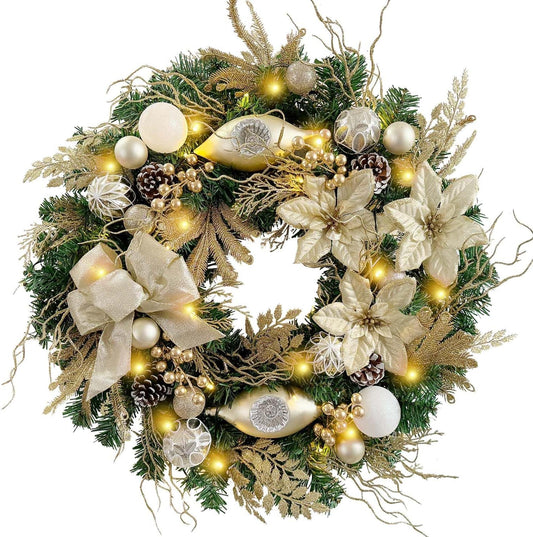 Pre-Lit 24 Inch Lighted Christmas Wreath for Front Door Champagne Gold Christmas Door Wreath Decor with Ball Ornaments, Poinsettia Flowers,Ribbon,Pine Cones,Battery Operated 30 LED Lights