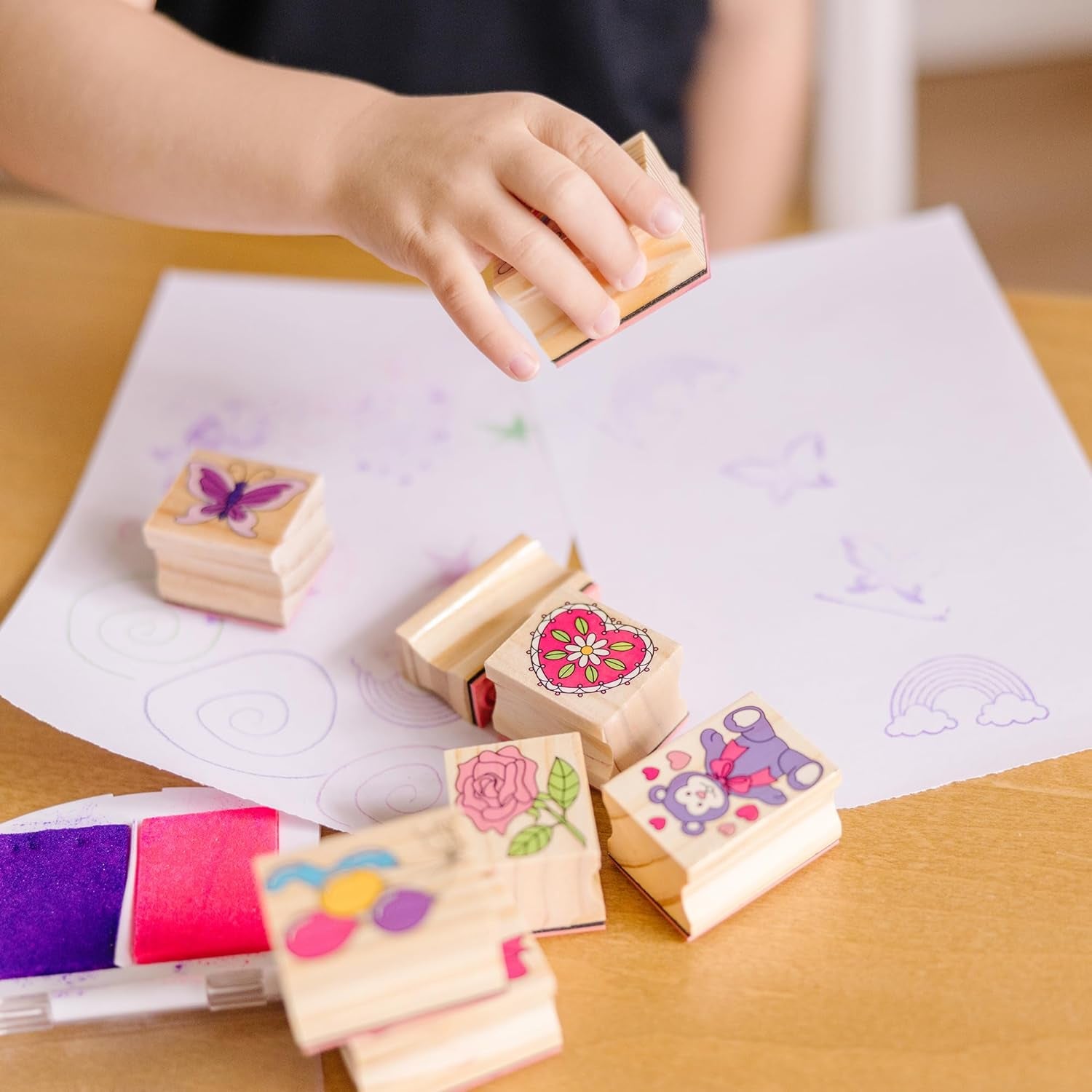 Disney Princess Wooden Stamp Set: 9 Stamps, 5 Colored Pencils, and 2-Color Stamp Pad with Washable Ink for Kids Ages 4+