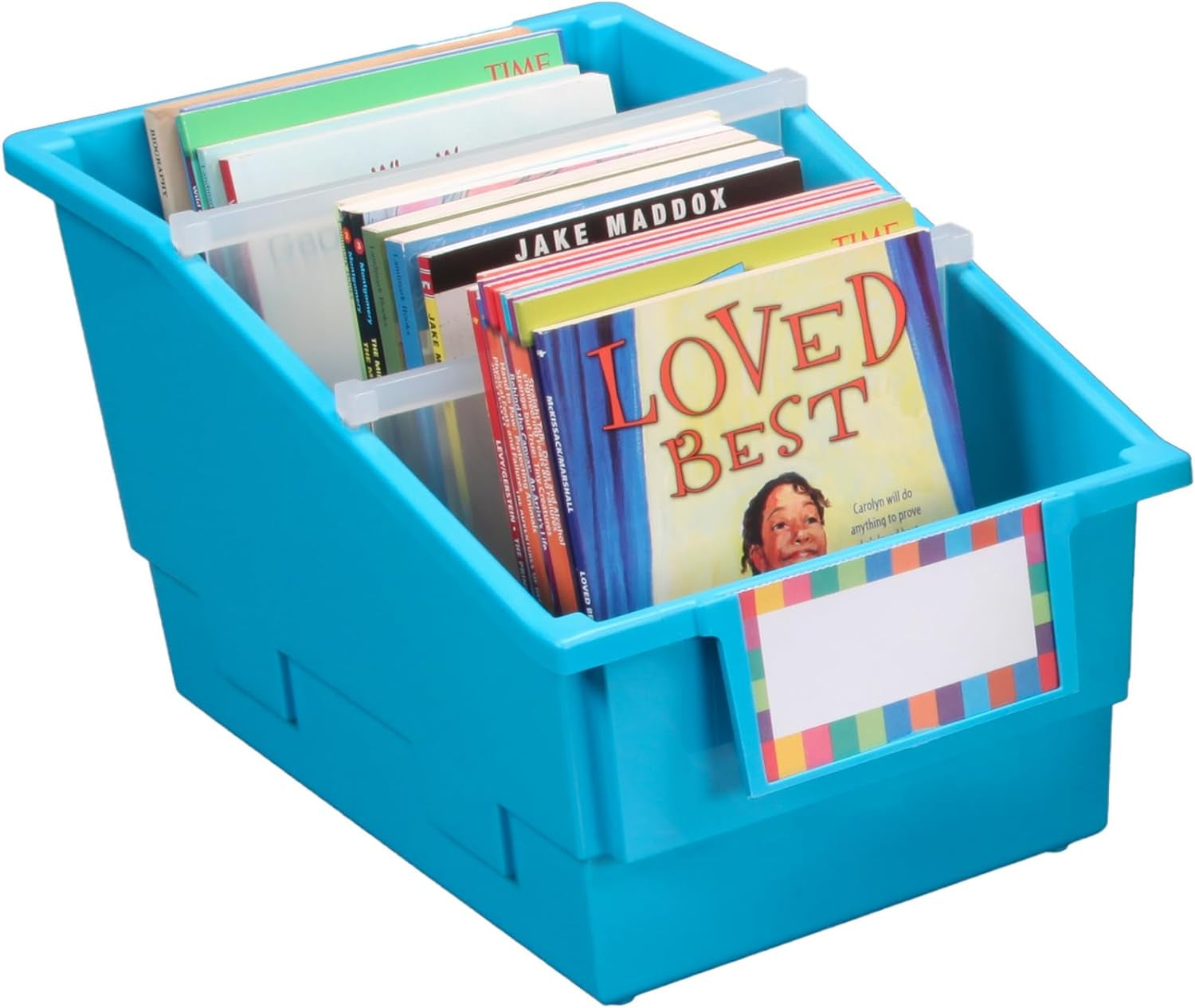 Chapter Book Library Bins with Dividers, 8¾" X 13½" X 7¾" - 4 Pack, Neon | Plastic Shelf Bin Organizer for Classroom Library, Book Organization, Documents, Files, Magazines