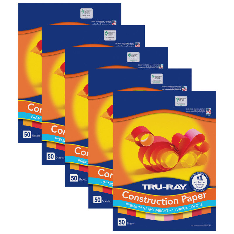 Construction Paper, Heavyweight, Warm Assorted, 9" x 12", 50 Sheets Per Pack, 5 Packs