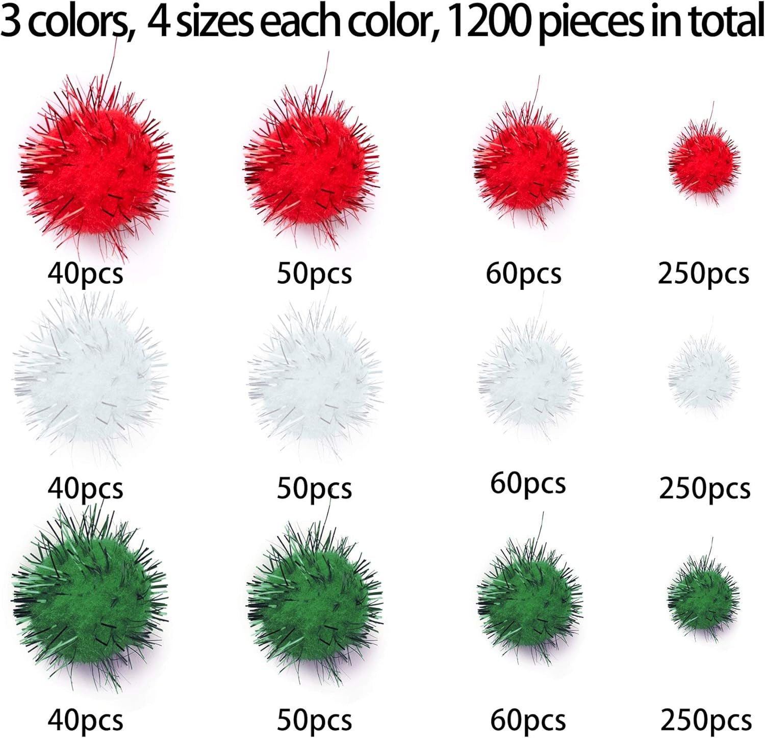 1200 Pieces Christmas Pom Pom Tinsel Pom Pom Balls Glitter Fluffy Pom Pom for Craft Making and Christmas Decorations (4 Sizes, White, Green, Red)