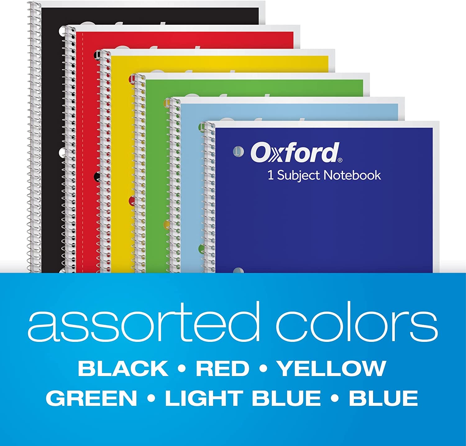 Spiral Notebook 6 Pack, 1 Subject, Wide Ruled Paper, 8 X 10-1/2 Inch, Blue, Yellow, Red, Light Blue, Green and Black, 70 Sheets (65010)